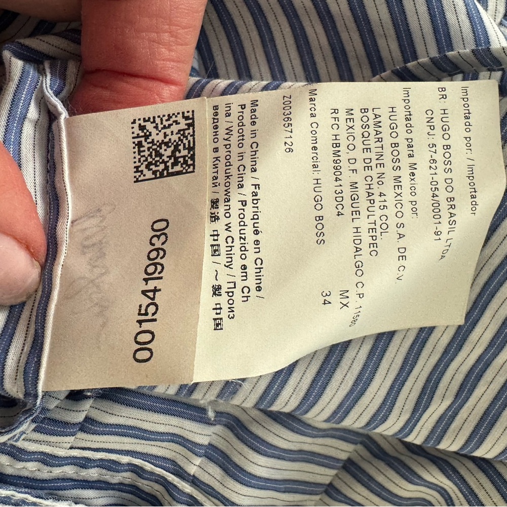 BOSS HUGO BOSS BLUE WHITE STRIPED RUCHED BUSINESS CASUAL SHIRT US SZ 12 - Picture 7 of 7